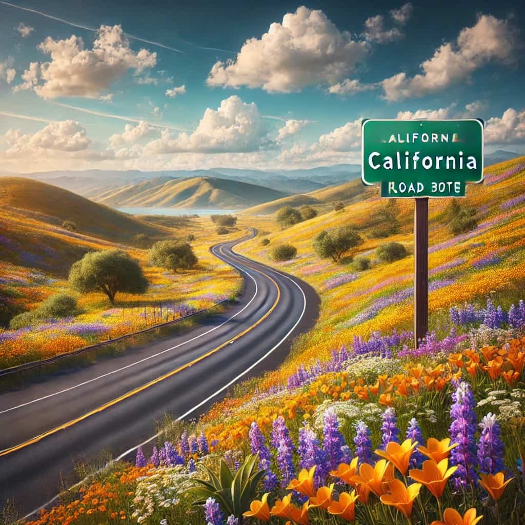 Blooming wildflowers along a California highway in spring.