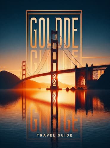 Golden Gate Bridge Travel Guide with sunset backdrop, featuring warm gold and navy tones, inviting travelers to explore the iconic landmark.