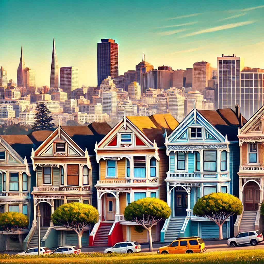 The Painted Ladies with the San Francisco skyline in the background.